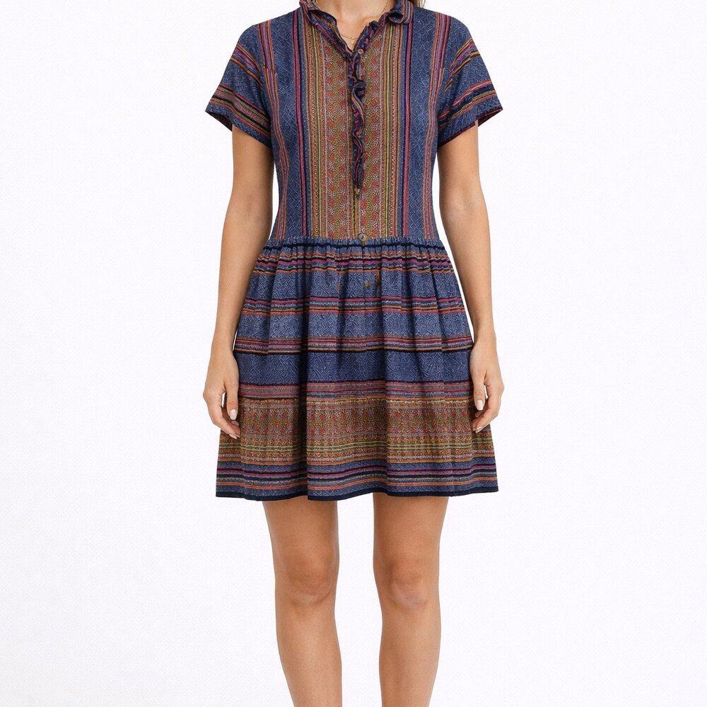Boho Tribal Stripe Mini Dress Multicolor Folk Print Short Sleeve Festival Size L